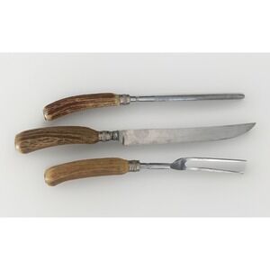 Vintage Armack Sheffield England Carving Set Stainless Stag Horn Handles MCM